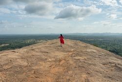 Tourist against solitary rock in middle of green forested plain under clear sky in summer