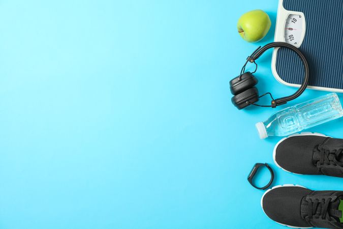 Flat lay composition with loss weigh accessories on color background