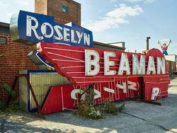 Old, retrieved neon sign from the Beaman Pontiac auto dealership in Cincinnati, Ohio
