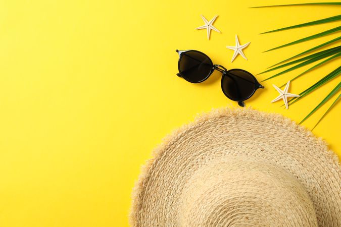 Straw hat, sunglasses, starfishes and palm leaf on color background space for text and top view. Summer vacation backdrop