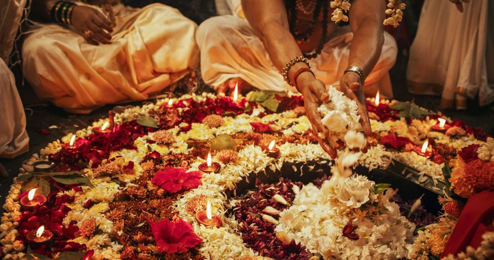 Hindu Religious Ceremony Traditions: of Group of People Burning Sages and Giving Offerings to an Altar During Shiva Aarti Ritual in a Temple.