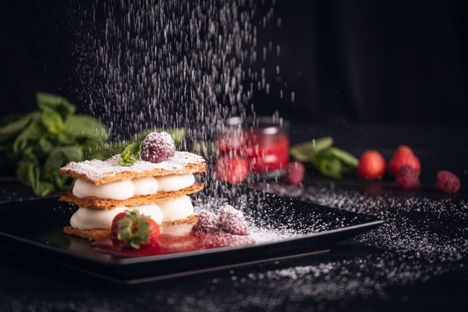 Diphlomate cream and red fruit strudel in elegant plate