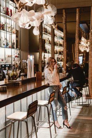 Stylish woman drinking wine in bar
