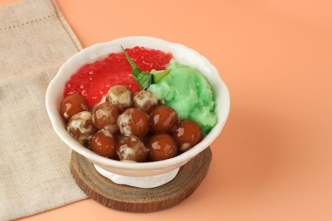 Indonesian dessert with kolak candil, shaved ice and tapioca