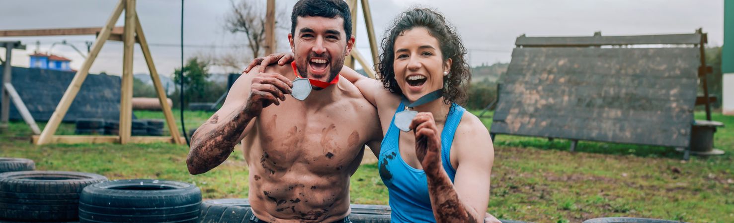 Athletes showing medals after race