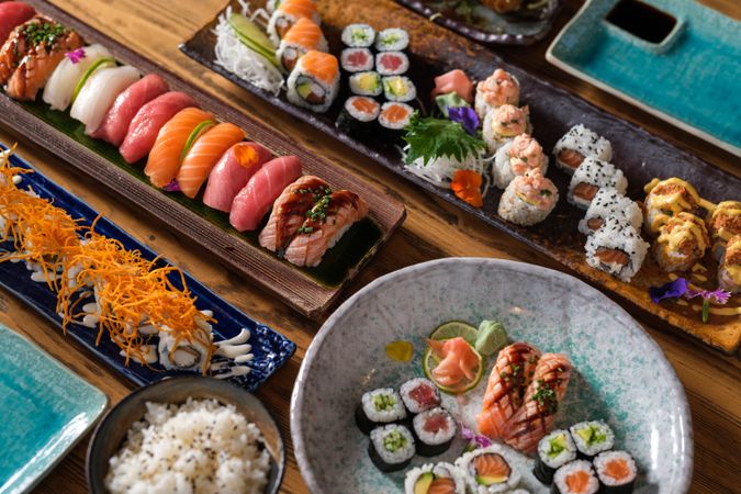 Appetizing sushi on wooden trays