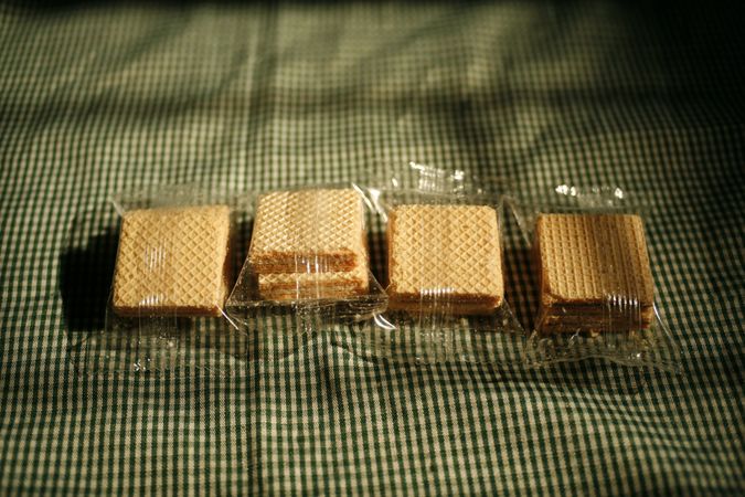 Top view of packages of square wafer cookies