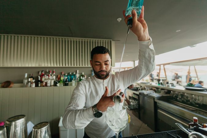 Cheerful Barman preparing alcoholic drinks in a bar.