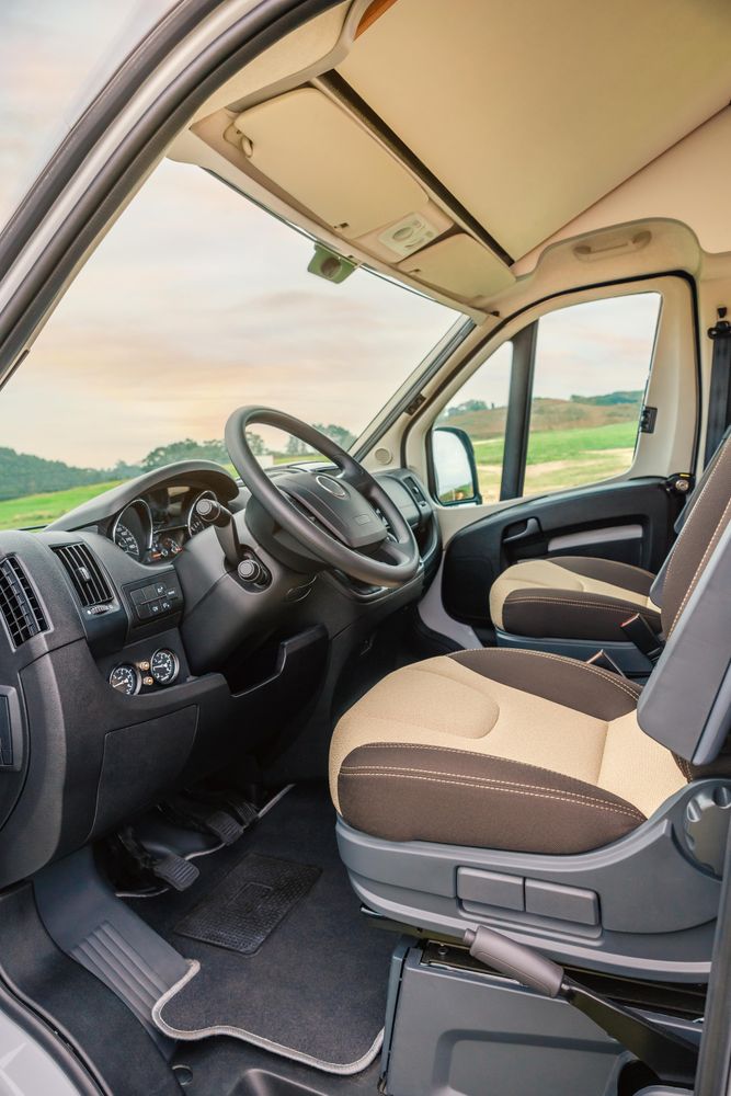Vertical shot of front seats of a motorhome