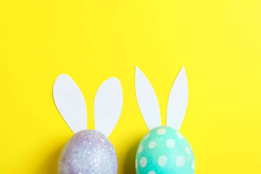 Decorated Easter eggs with cute bunnies ears on yellow background. Space for text