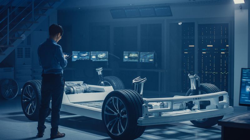 Automobile Engineer Working on Electric Car Chassis Platform, Using Tablet Computer Augmented Reality with 3D CAD Software Modelling