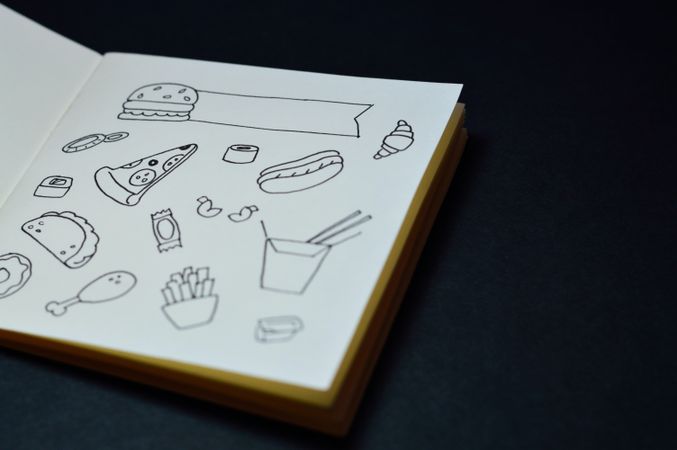 Open sketchbook with food drawings