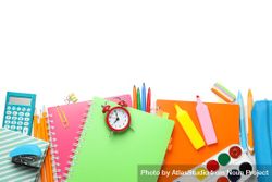 Stationary and art supplies scattered on plain background with copy space 41GND0