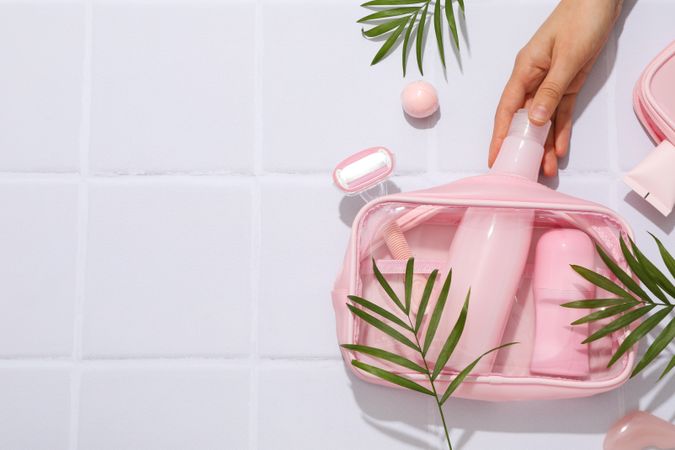 Bath accessories, toilet bag, space for text