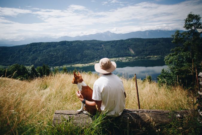 Back of man and dog overlooking scenic view, landscape