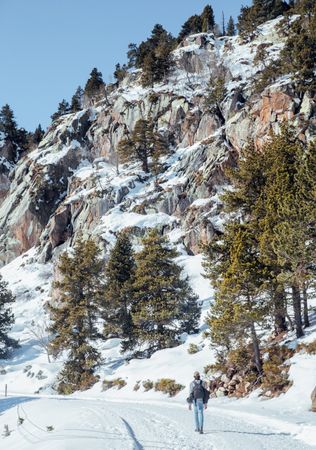 Man walking between hills with trees in winter