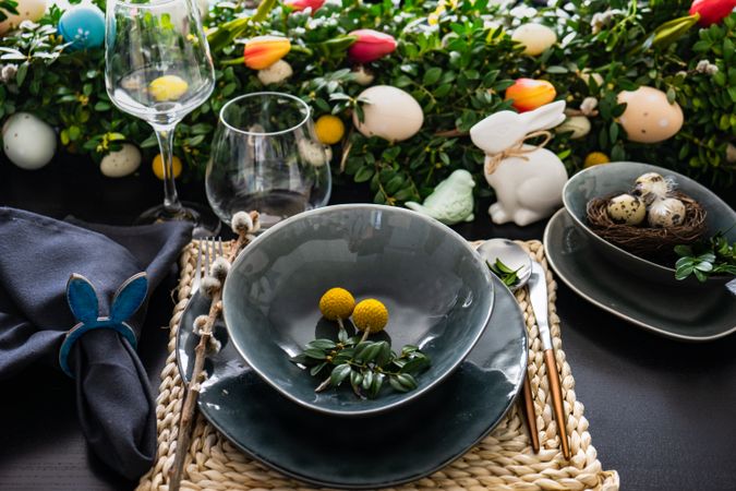 Grey plates on spring themed table