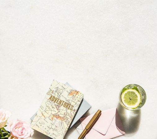 Summer flat lay notebook, drink and roses