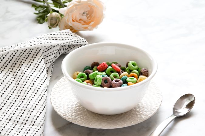 Fruite flavor colorful ring cereal in a breakfast bowl.