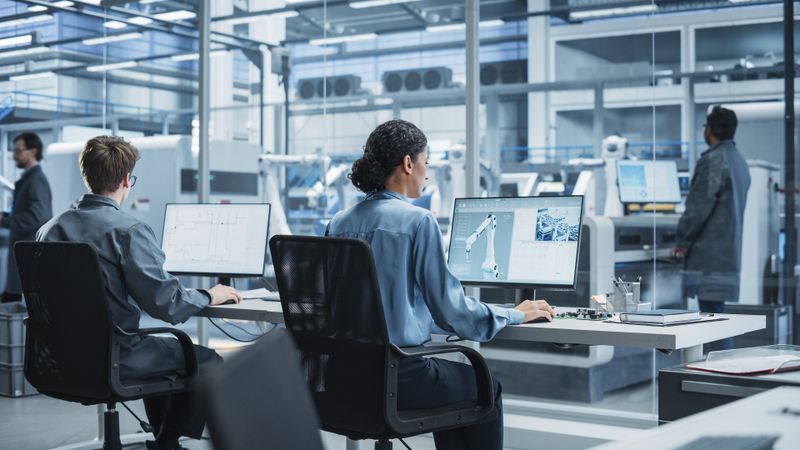 White Male Programmer And Hispanic Female Automation Engineer Using Desktop Computers To Control Assembly Line With Robotic Arms At Modern Factory.