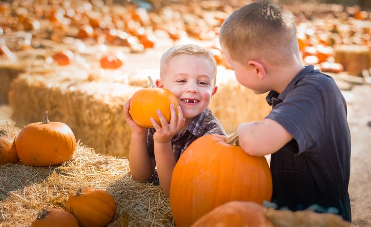 Two Boys Having Fun at the Pumpkin Patch .on a Sunny Fall Day.