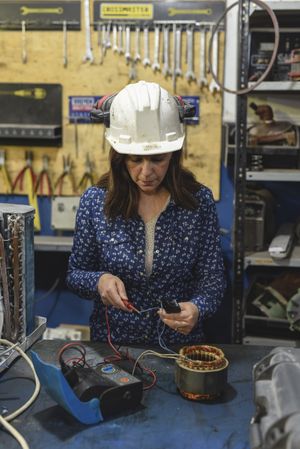 Woman in helmet testing an electric part in workshop
