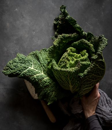 Woman holding fresh cabbage on table