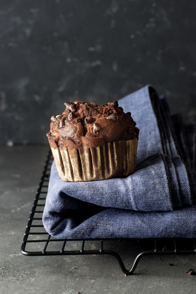 Chocolate banana muffin on towel