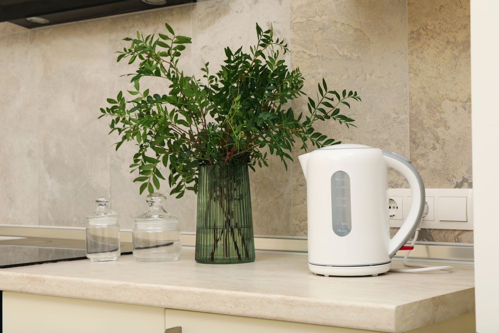 Vase with plant and electric kettle on kitchen table