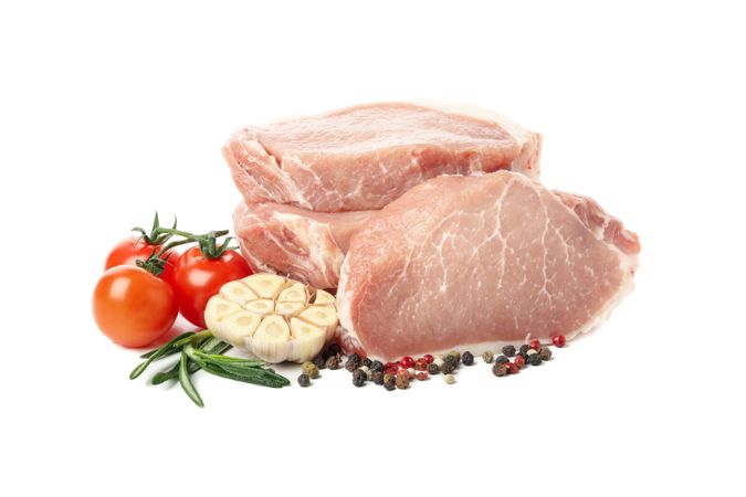 Raw meat for steak and ingredients isolated on light background