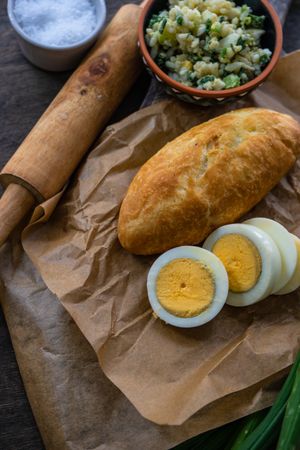 Close up of traditional Georgian pies with eggs, rice and green onion 