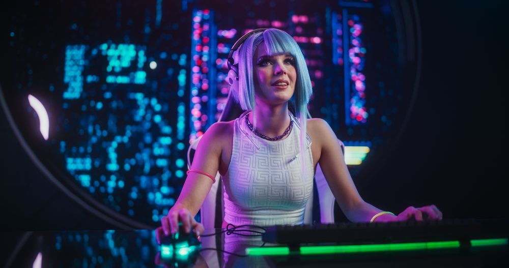 Stylish Streamer or Video Gamer Chatting with Internet Fans with Futuristic Cyberpunk Background
