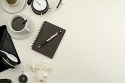 Office desk table of business workplace and business objects