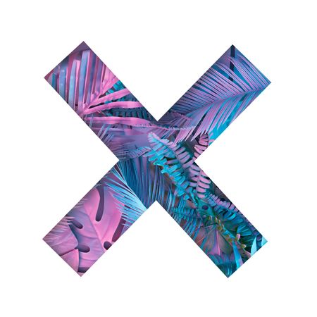 Tropical and palm leaves in vibrant holographic colors in “X” shape