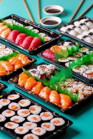 Tasty sushi served in a table