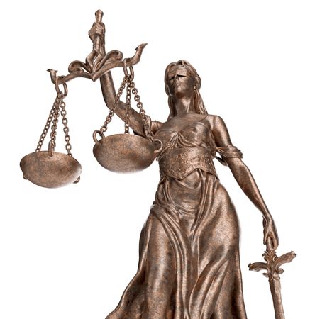 Bronze Lady of Justice Statue Isolated on a Blank Background.