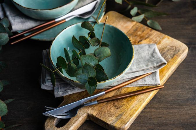 Teal bowl with eucalyptus