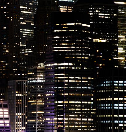 Office buildings at night in lower Manhattan, NYC