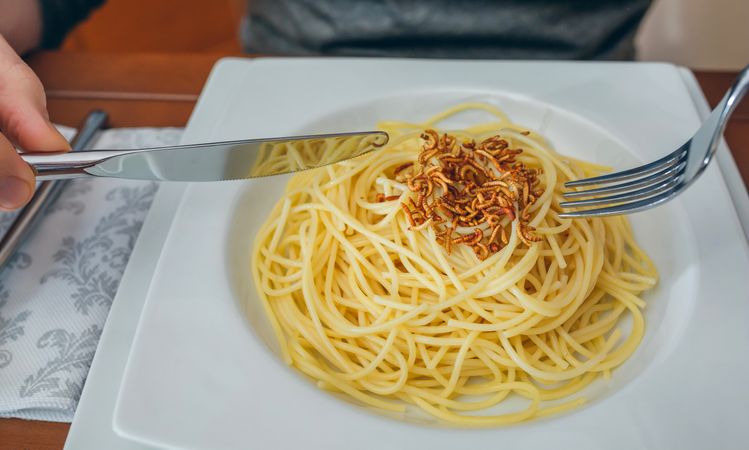 Hands of man eating spaghetti with worms