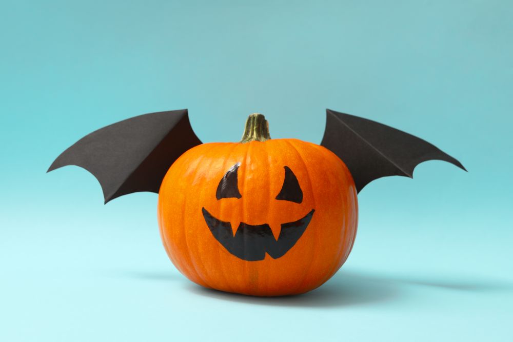 Pumpkin with smile and wings on blue background