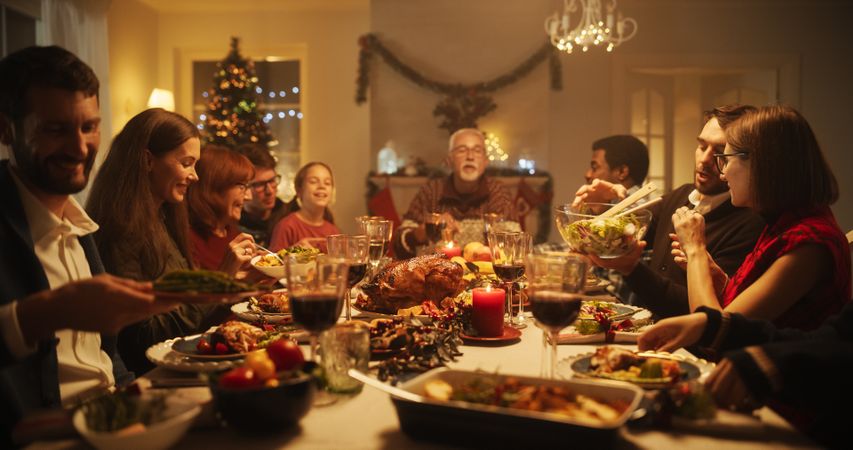 Portrait of a Female Dining Together at a Big Table with Family Members.