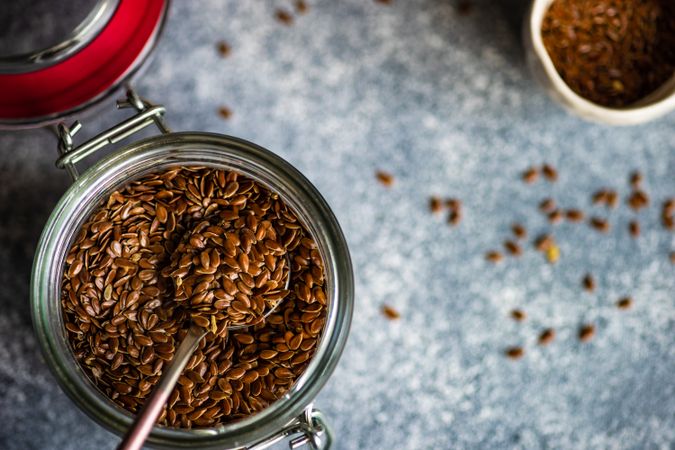 Top view of pot of flax seeds