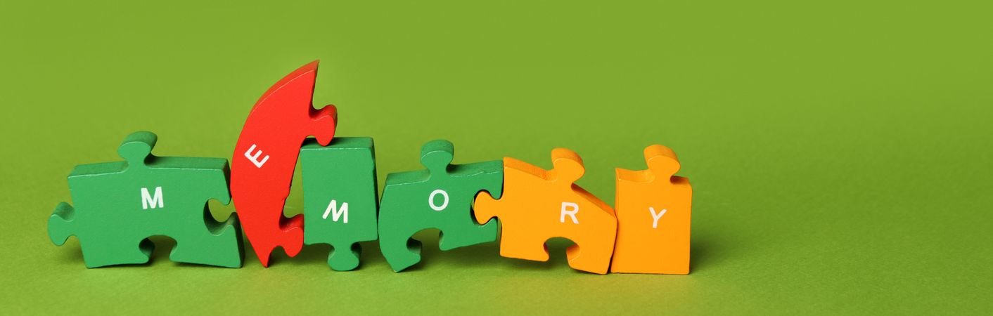 Puzzle pieces spelling “memory” on green background, wide