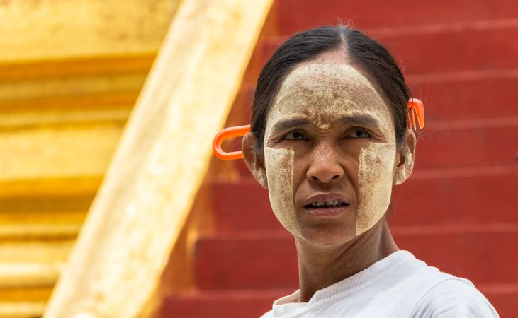 Bagan, Myanmar - June, 25 2012: woman with painted face