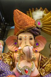 A beautiful idol of Lord Ganpati on display at a workshop in Mumbai, India for the festival of Ganesh Chaturthi