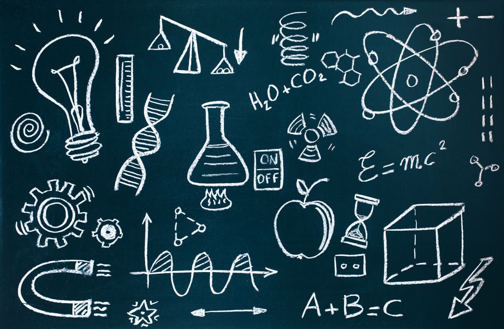 Chemist and mathematical drawings on chalkboard background