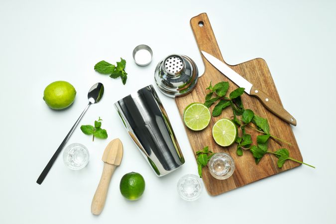 Concept of preparing cocktail, shaker, top view