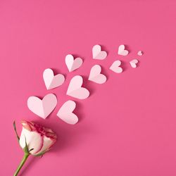 Creative layout made with rose petals and pink paper hearts