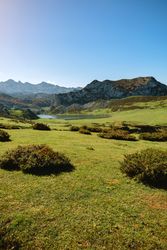 Valley with lake between mountains
