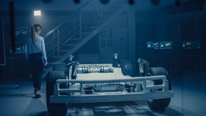 Automobile Engineer Working on Electric Car Chassis Platform, Using Tablet Computer Augmented Reality with 3D CAD Software Modelling.
